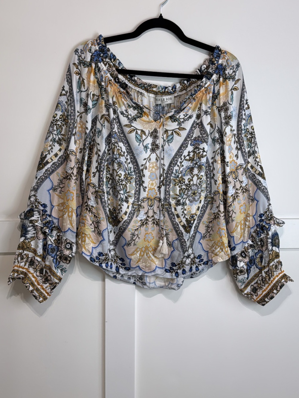 HALE BOB Paisley Silk Blouse in White & Blue Size Small